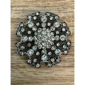 VTG Large 2.5" Round Ribbon Ruffle Domed Rhinestone Brooch Silver Tone Marked?